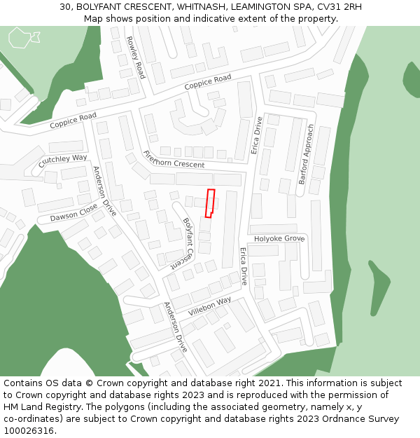 30, BOLYFANT CRESCENT, WHITNASH, LEAMINGTON SPA, CV31 2RH: Location map and indicative extent of plot