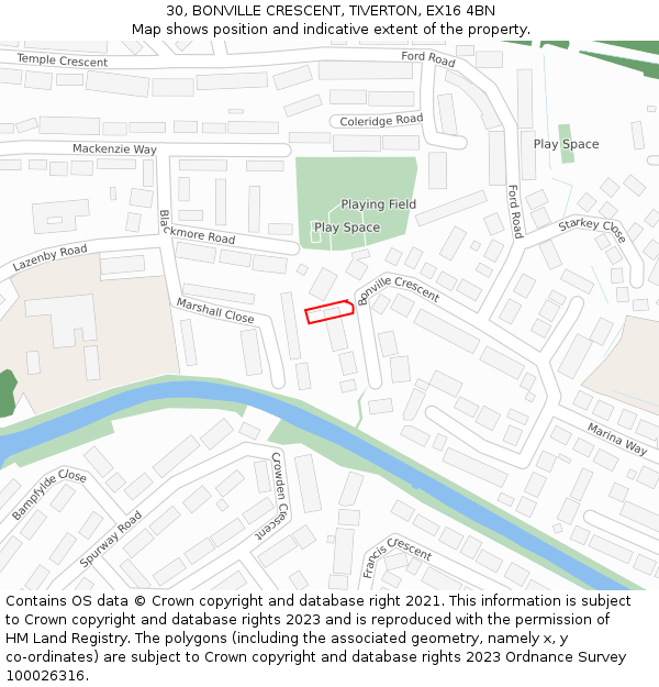 30, BONVILLE CRESCENT, TIVERTON, EX16 4BN: Location map and indicative extent of plot