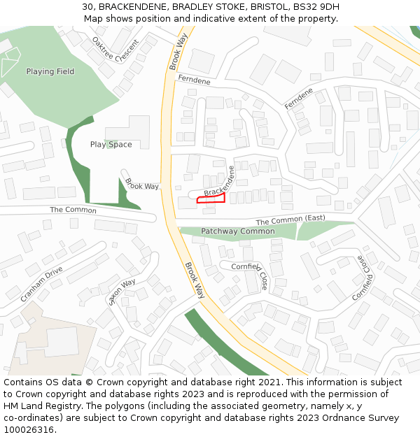 30, BRACKENDENE, BRADLEY STOKE, BRISTOL, BS32 9DH: Location map and indicative extent of plot