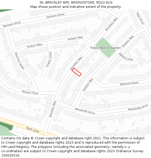 30, BRACKLEY WAY, BASINGSTOKE, RG22 6LN: Location map and indicative extent of plot