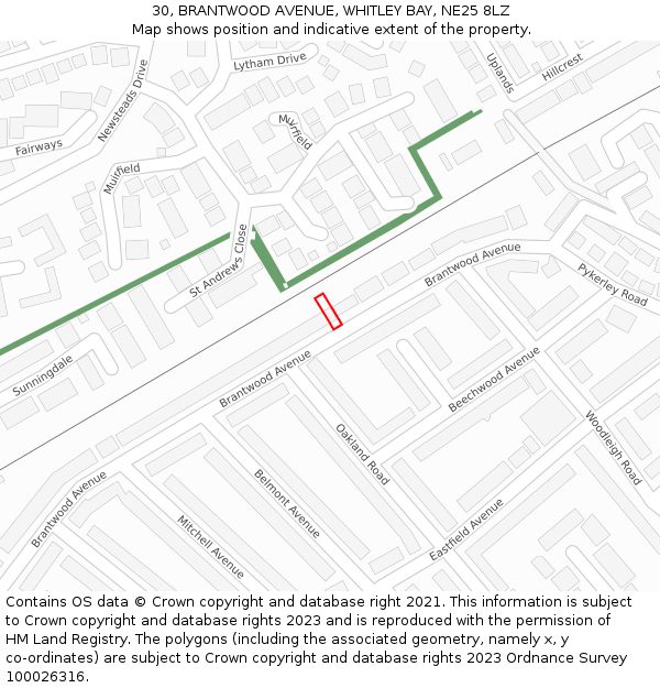 30, BRANTWOOD AVENUE, WHITLEY BAY, NE25 8LZ: Location map and indicative extent of plot