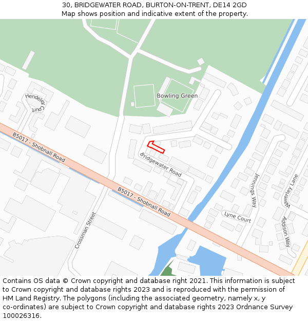30, BRIDGEWATER ROAD, BURTON-ON-TRENT, DE14 2GD: Location map and indicative extent of plot