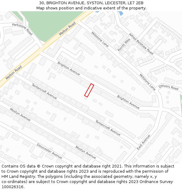 30, BRIGHTON AVENUE, SYSTON, LEICESTER, LE7 2EB: Location map and indicative extent of plot
