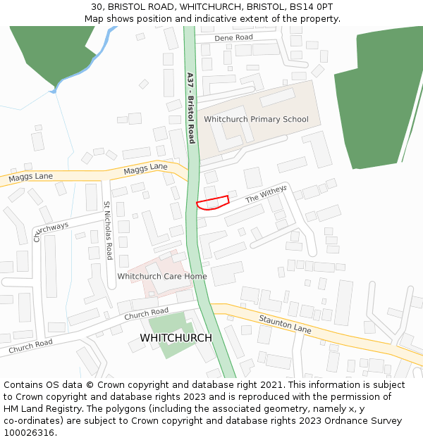 30, BRISTOL ROAD, WHITCHURCH, BRISTOL, BS14 0PT: Location map and indicative extent of plot