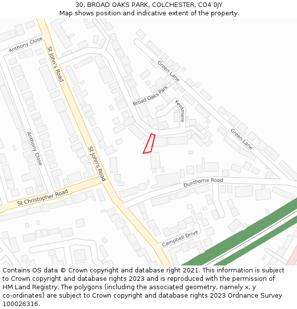 30, BROAD OAKS PARK, COLCHESTER, CO4 0JY: Location map and indicative extent of plot