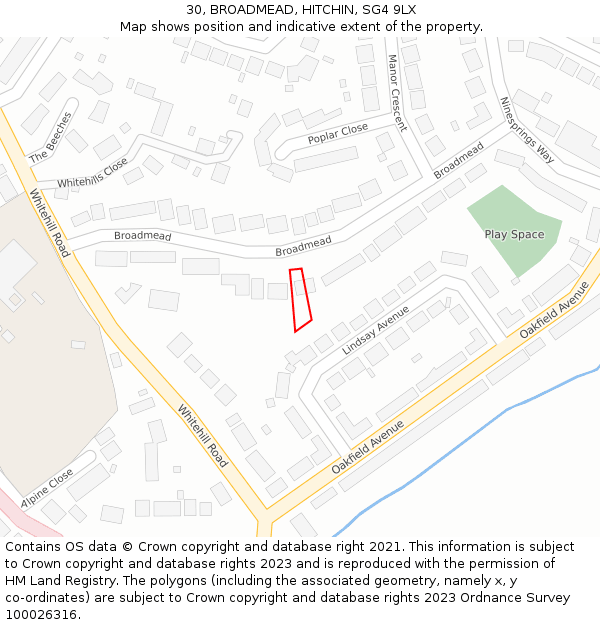30, BROADMEAD, HITCHIN, SG4 9LX: Location map and indicative extent of plot