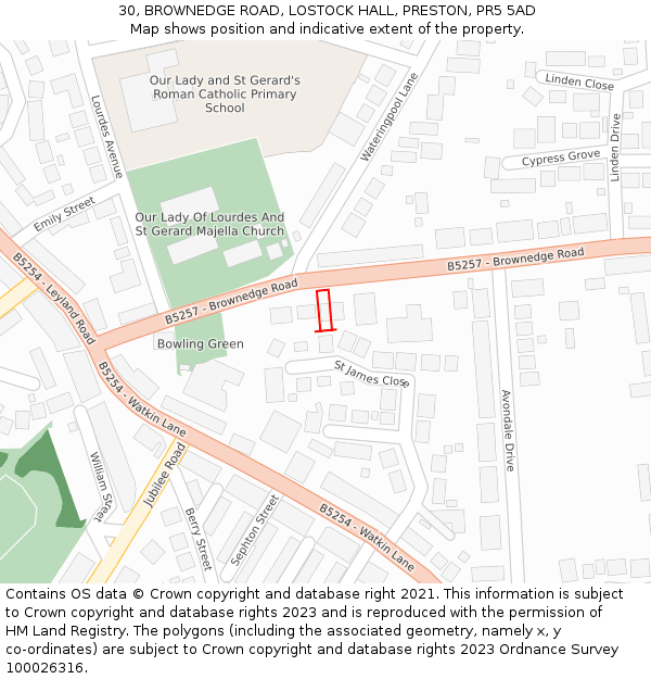 30, BROWNEDGE ROAD, LOSTOCK HALL, PRESTON, PR5 5AD: Location map and indicative extent of plot