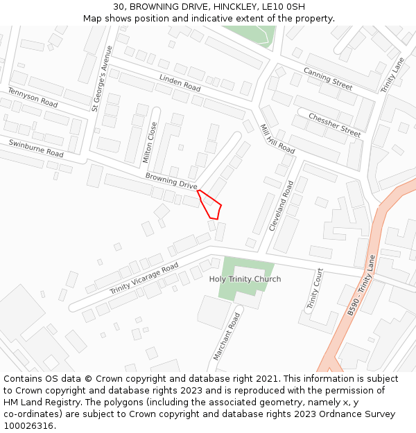 30, BROWNING DRIVE, HINCKLEY, LE10 0SH: Location map and indicative extent of plot