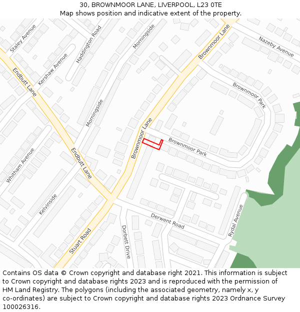 30, BROWNMOOR LANE, LIVERPOOL, L23 0TE: Location map and indicative extent of plot
