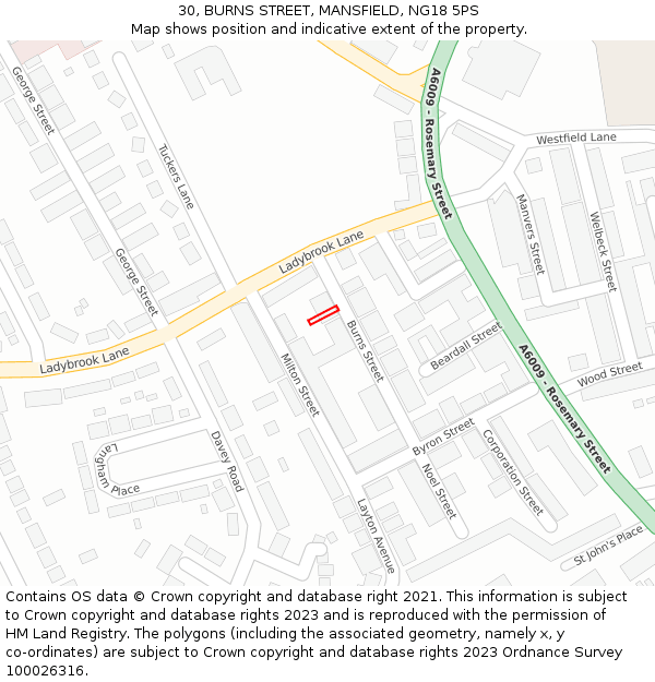 30, BURNS STREET, MANSFIELD, NG18 5PS: Location map and indicative extent of plot