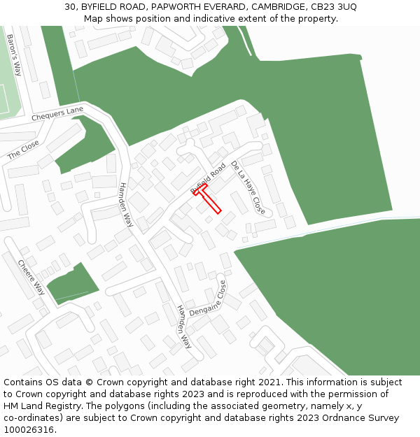 30, BYFIELD ROAD, PAPWORTH EVERARD, CAMBRIDGE, CB23 3UQ: Location map and indicative extent of plot