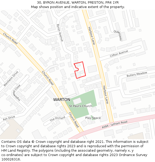 30, BYRON AVENUE, WARTON, PRESTON, PR4 1YR: Location map and indicative extent of plot