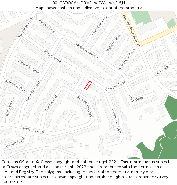 30, CADOGAN DRIVE, WIGAN, WN3 6JH: Location map and indicative extent of plot