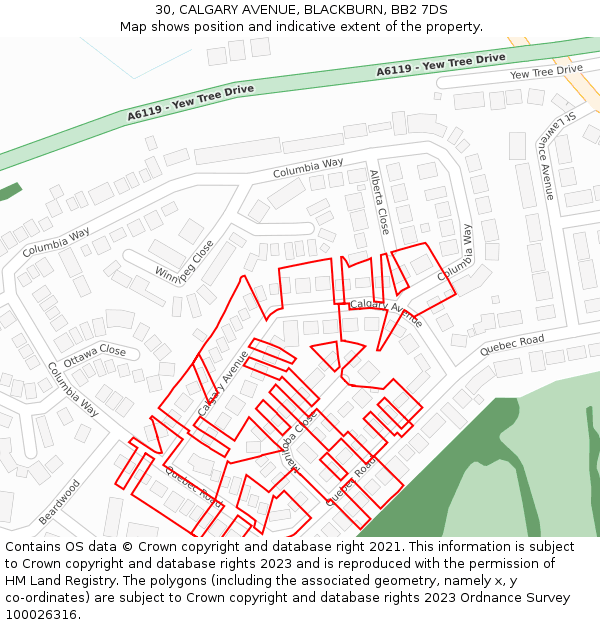 30, CALGARY AVENUE, BLACKBURN, BB2 7DS: Location map and indicative extent of plot