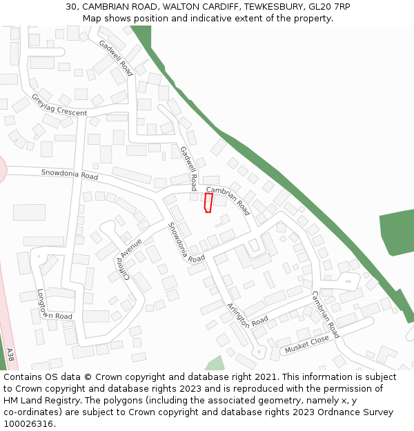 30, CAMBRIAN ROAD, WALTON CARDIFF, TEWKESBURY, GL20 7RP: Location map and indicative extent of plot