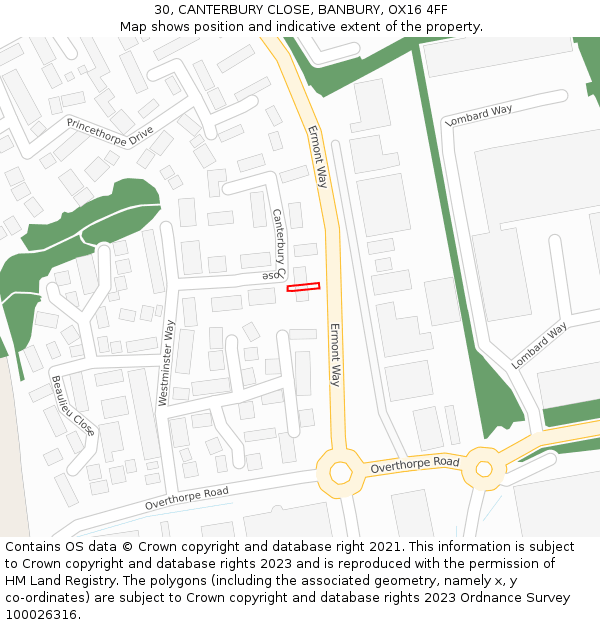 30, CANTERBURY CLOSE, BANBURY, OX16 4FF: Location map and indicative extent of plot