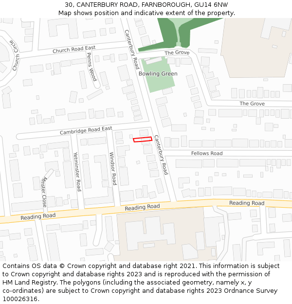 30, CANTERBURY ROAD, FARNBOROUGH, GU14 6NW: Location map and indicative extent of plot