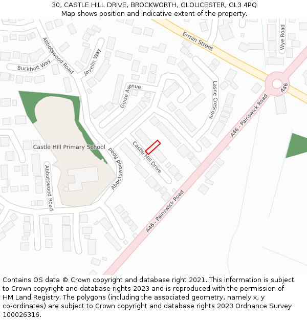 30, CASTLE HILL DRIVE, BROCKWORTH, GLOUCESTER, GL3 4PQ: Location map and indicative extent of plot