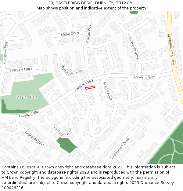 30, CASTLERIGG DRIVE, BURNLEY, BB12 8AU: Location map and indicative extent of plot