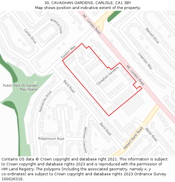 30, CAVAGHAN GARDENS, CARLISLE, CA1 3BY: Location map and indicative extent of plot