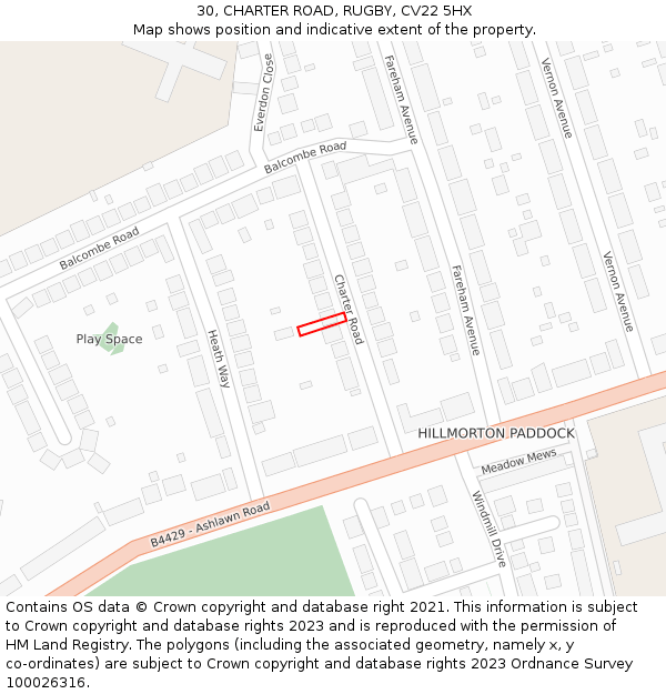 30, CHARTER ROAD, RUGBY, CV22 5HX: Location map and indicative extent of plot