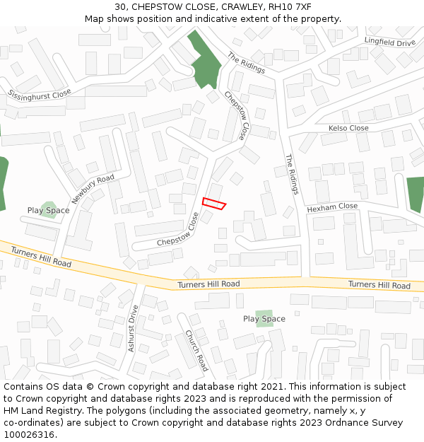 30, CHEPSTOW CLOSE, CRAWLEY, RH10 7XF: Location map and indicative extent of plot