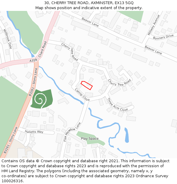 30, CHERRY TREE ROAD, AXMINSTER, EX13 5GQ: Location map and indicative extent of plot