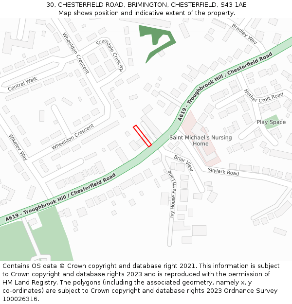 30, CHESTERFIELD ROAD, BRIMINGTON, CHESTERFIELD, S43 1AE: Location map and indicative extent of plot