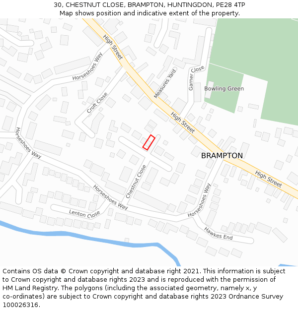 30, CHESTNUT CLOSE, BRAMPTON, HUNTINGDON, PE28 4TP: Location map and indicative extent of plot