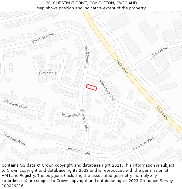 30, CHESTNUT DRIVE, CONGLETON, CW12 4UD: Location map and indicative extent of plot