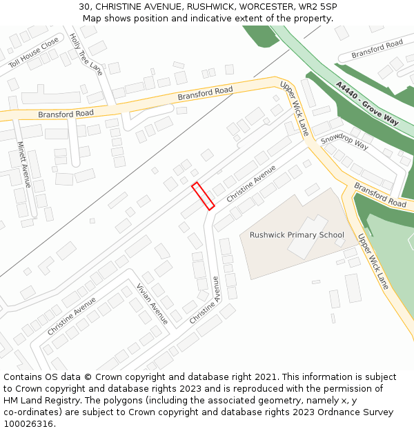 30, CHRISTINE AVENUE, RUSHWICK, WORCESTER, WR2 5SP: Location map and indicative extent of plot