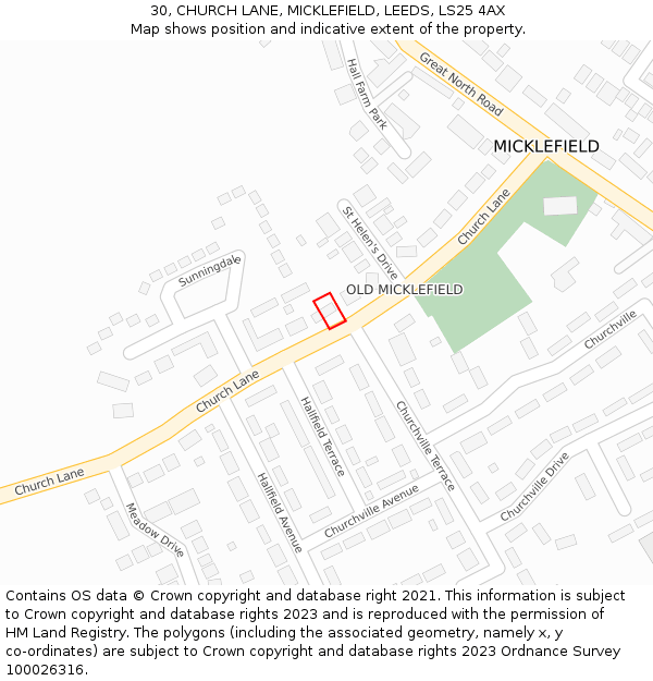 30, CHURCH LANE, MICKLEFIELD, LEEDS, LS25 4AX: Location map and indicative extent of plot