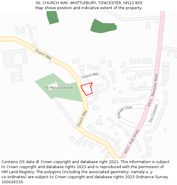 30, CHURCH WAY, WHITTLEBURY, TOWCESTER, NN12 8XS: Location map and indicative extent of plot