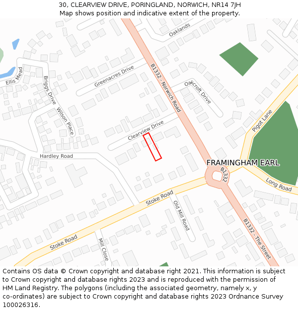 30, CLEARVIEW DRIVE, PORINGLAND, NORWICH, NR14 7JH: Location map and indicative extent of plot