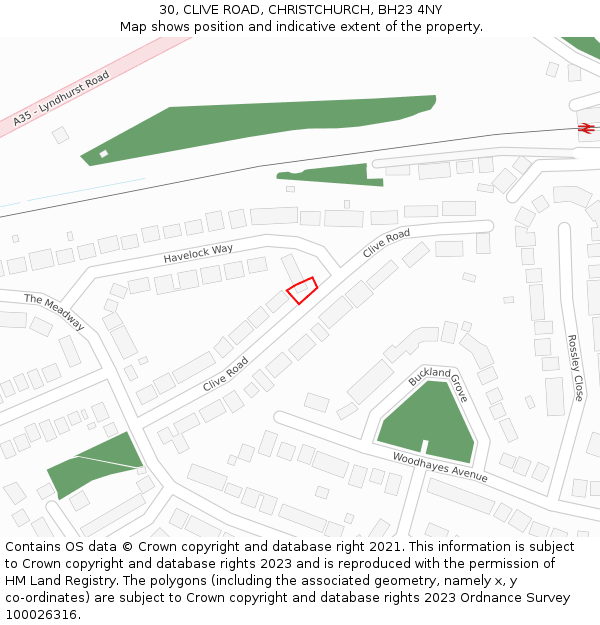 30, CLIVE ROAD, CHRISTCHURCH, BH23 4NY: Location map and indicative extent of plot