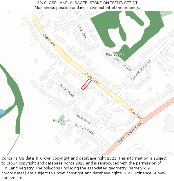 30, CLOSE LANE, ALSAGER, STOKE-ON-TRENT, ST7 2JT: Location map and indicative extent of plot