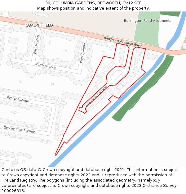 30, COLUMBIA GARDENS, BEDWORTH, CV12 9EF: Location map and indicative extent of plot