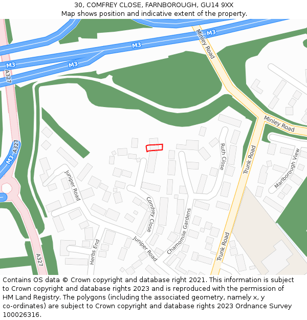 30, COMFREY CLOSE, FARNBOROUGH, GU14 9XX: Location map and indicative extent of plot
