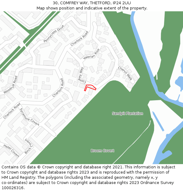30, COMFREY WAY, THETFORD, IP24 2UU: Location map and indicative extent of plot