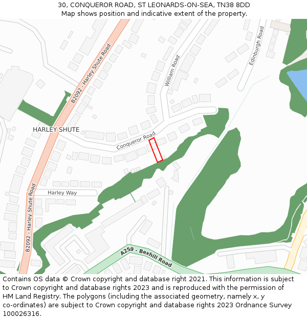30, CONQUEROR ROAD, ST LEONARDS-ON-SEA, TN38 8DD: Location map and indicative extent of plot