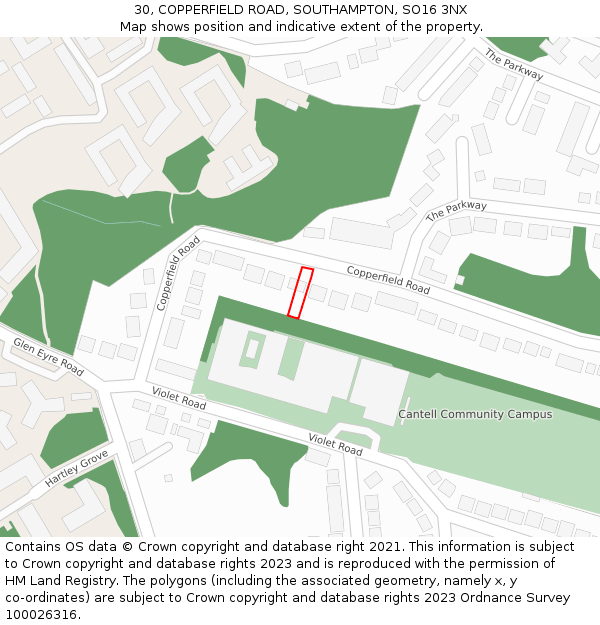 30, COPPERFIELD ROAD, SOUTHAMPTON, SO16 3NX: Location map and indicative extent of plot