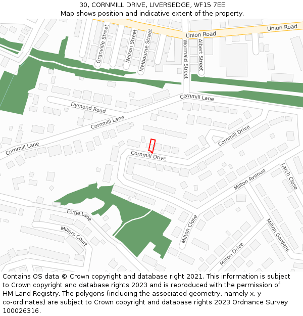 30, CORNMILL DRIVE, LIVERSEDGE, WF15 7EE: Location map and indicative extent of plot