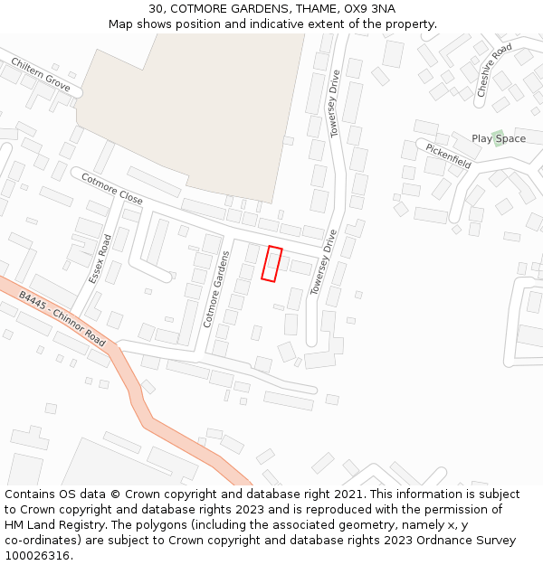 30, COTMORE GARDENS, THAME, OX9 3NA: Location map and indicative extent of plot