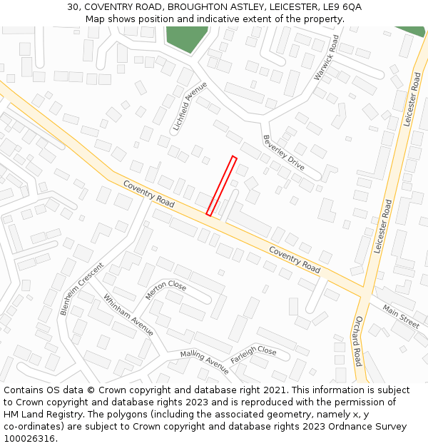 30, COVENTRY ROAD, BROUGHTON ASTLEY, LEICESTER, LE9 6QA: Location map and indicative extent of plot