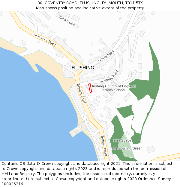 30, COVENTRY ROAD, FLUSHING, FALMOUTH, TR11 5TX: Location map and indicative extent of plot
