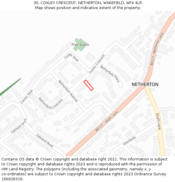 30, COXLEY CRESCENT, NETHERTON, WAKEFIELD, WF4 4LR: Location map and indicative extent of plot
