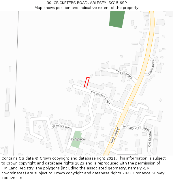 30, CRICKETERS ROAD, ARLESEY, SG15 6SP: Location map and indicative extent of plot