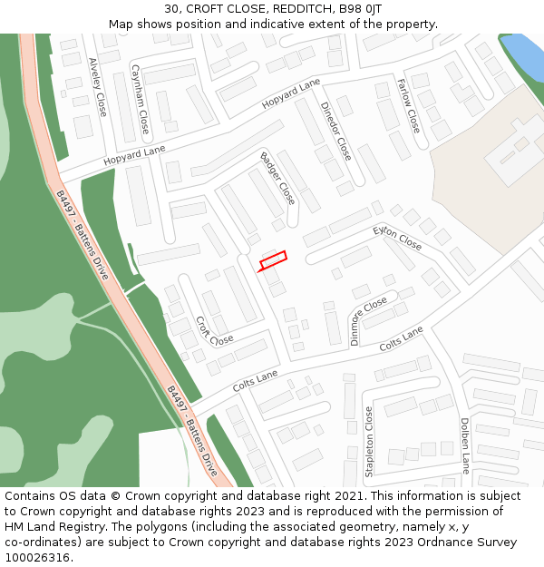 30, CROFT CLOSE, REDDITCH, B98 0JT: Location map and indicative extent of plot