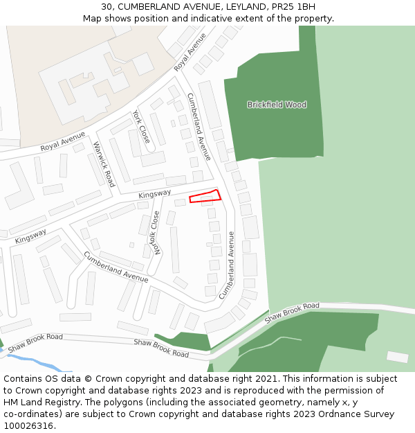 30, CUMBERLAND AVENUE, LEYLAND, PR25 1BH: Location map and indicative extent of plot