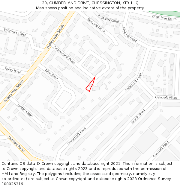 30, CUMBERLAND DRIVE, CHESSINGTON, KT9 1HQ: Location map and indicative extent of plot